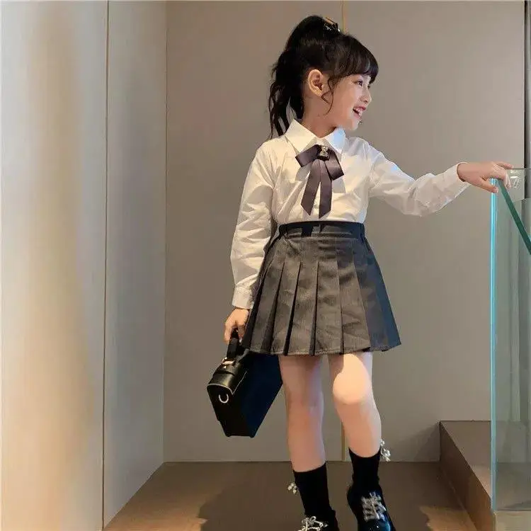 女の子の白いシャツとスカートのセット,プレッピースタイル,ショートカーディガン,ミディアムとラージ,子供服,新しい秋のコレクション2022