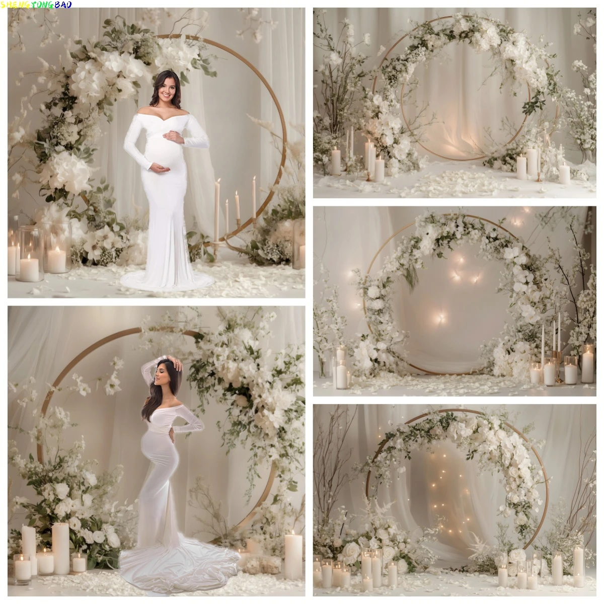 

Indoor White Circle Floral Wedding Portrait Backdrops Maternity Dresses Photoshoot Birthday Decoration Photography Background