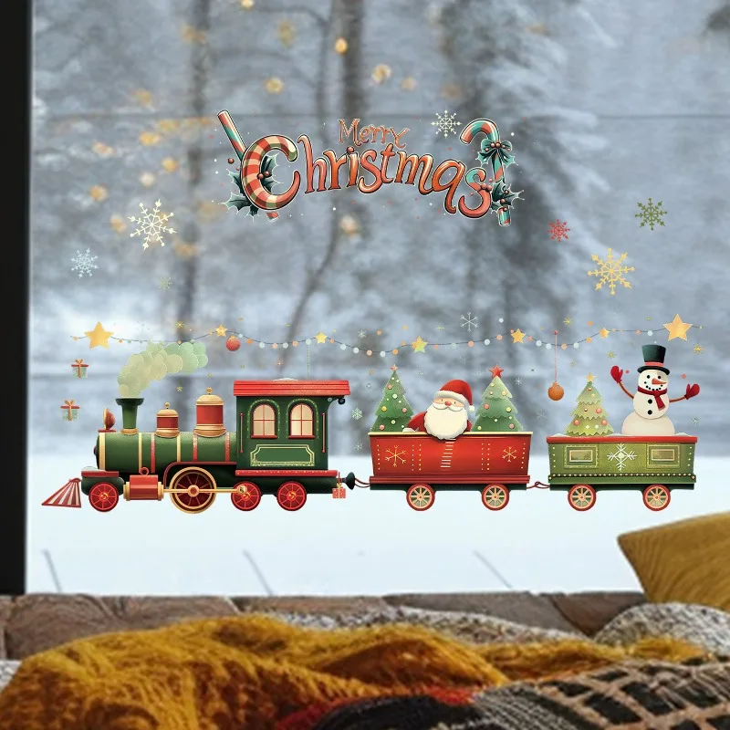 Santa Train Christmas Wall Stickers Removable Self-Adhesive For Kids Room Restaurant Shop Decor