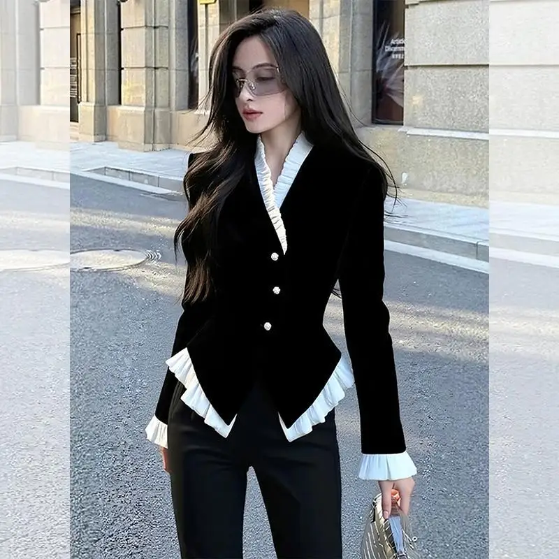 

Ruffles Contrast Patchwork Elegant Blouse Long Sleeve V Neck Temperament Shirt Tops Women Clothing Fashion Office Spring Autumn