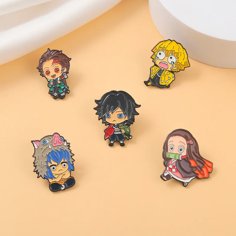 

5 Pcs/set Demon Slayer Chibi Enamel Pin Custom Brooch Tanjirou Nezuko Zenitsu Inosuke Giyuu Lapel Badge Cartoon Jewelry Gift