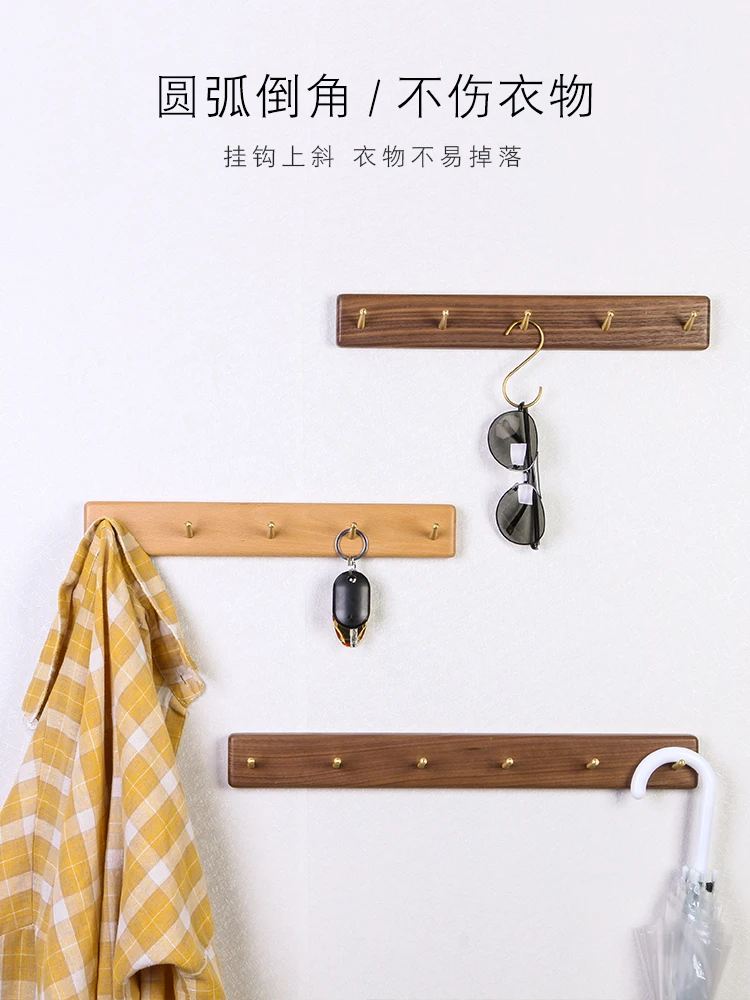 Non perforated black walnut wood clothes hook, entrance wall key hook, storage door, clothes and hats wall hanging storage rack