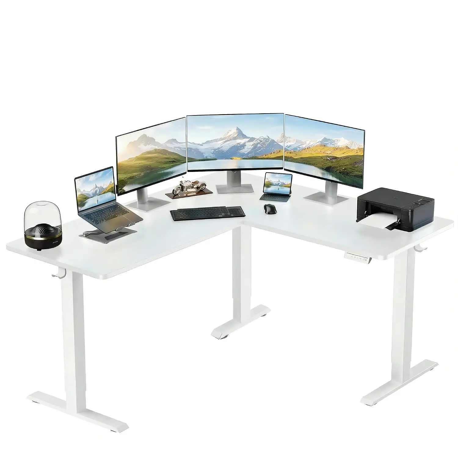 L Shaped Standing Desk Electric Height Adjustable White 4 Memory Presets One Touch Control Steel Frame 220 lbs, Customized