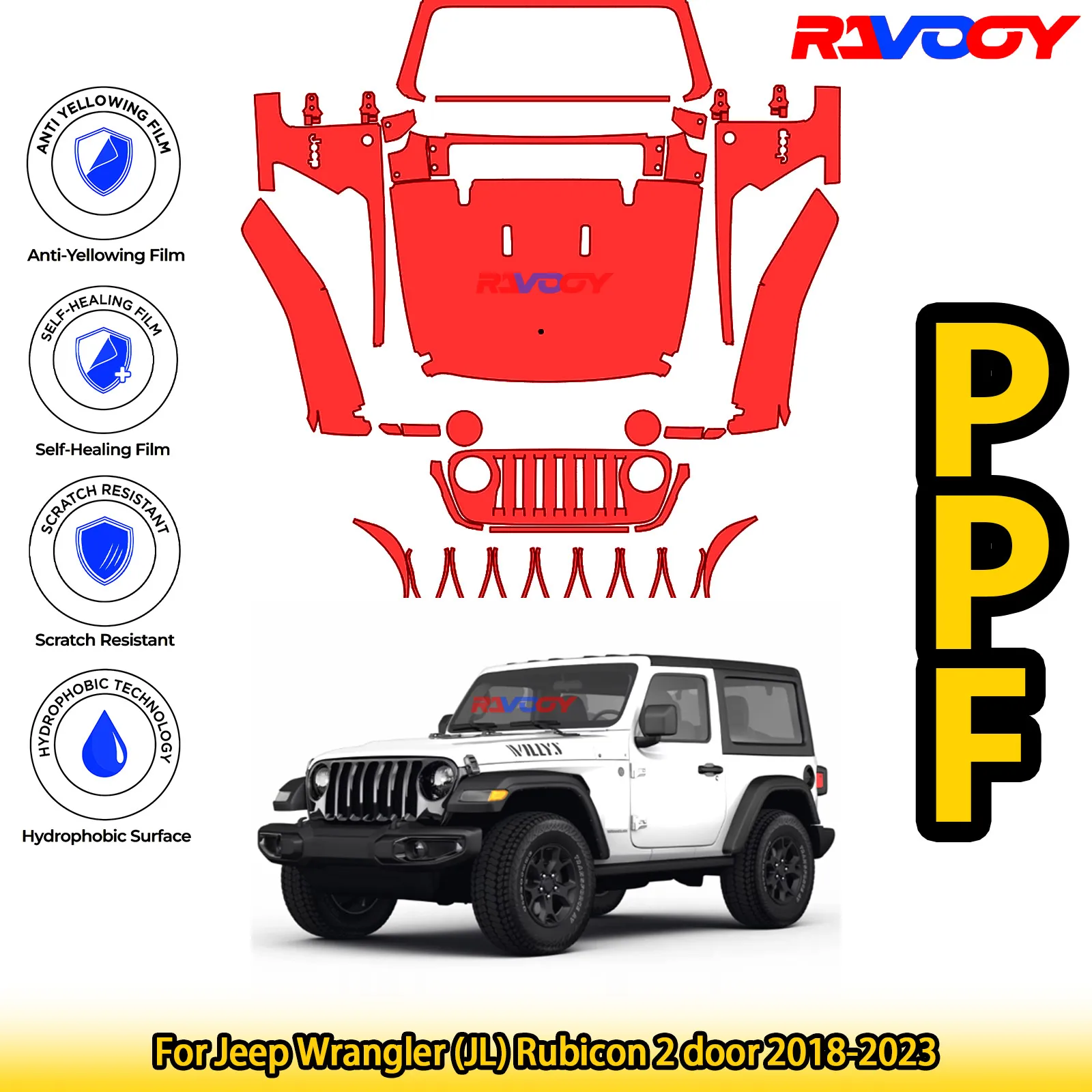 

For Jeep Wrangler (JL) Rubicon 2 door 2018-2023 Glossy Matte Black Precut front PPF Kit Paint Protection Film