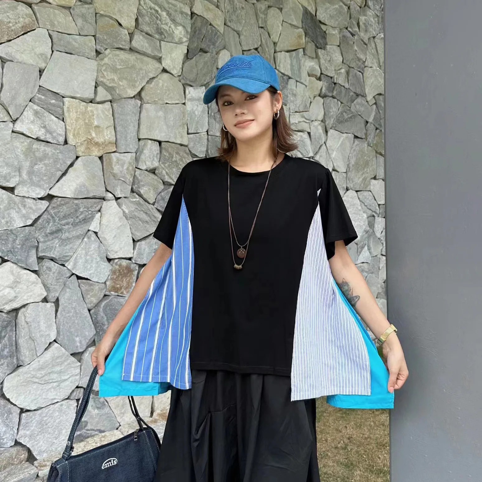 SuperAen Contrasting Color Patchwork Pullover T-shirt 2026 Summer New Korean Style Casual Unique Special Tops