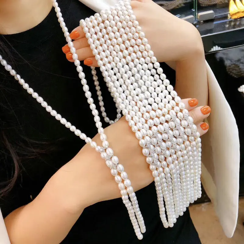 New Gorgeous Natural7-8mm Luster Fresh Water Pearl Long Tassel Sweater Necklaces For Women