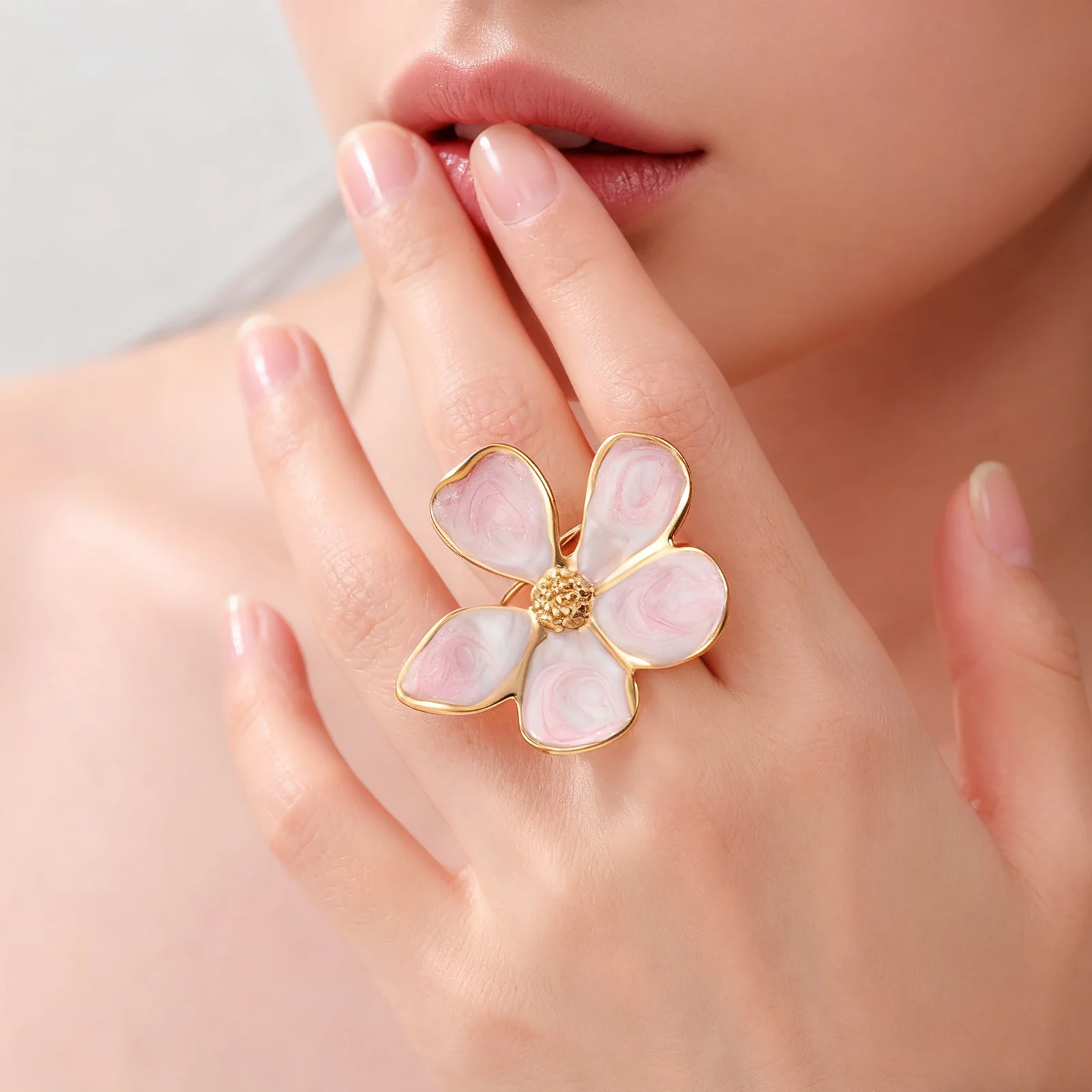 Weißer Rosa Emaille-Blumen Offener Ring für Frauen Edelstahl Goldfarben Wasserfester Fingerring Böhmischer Schmuck Hochzeitsgeschenke