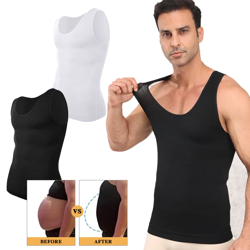 Mens Slimming Shapewear Sleeveless Compression Shirt Deep U Neck Waist Trainer Tank Top Belly Control High Stretch Fitness Shirt