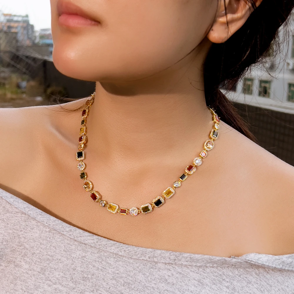 CWWZircons Vibrant Multi Color Cubic Zirconia Irregular Chain Necklace for Women Daily Party Engagement Jewelry Accessory DZ0097