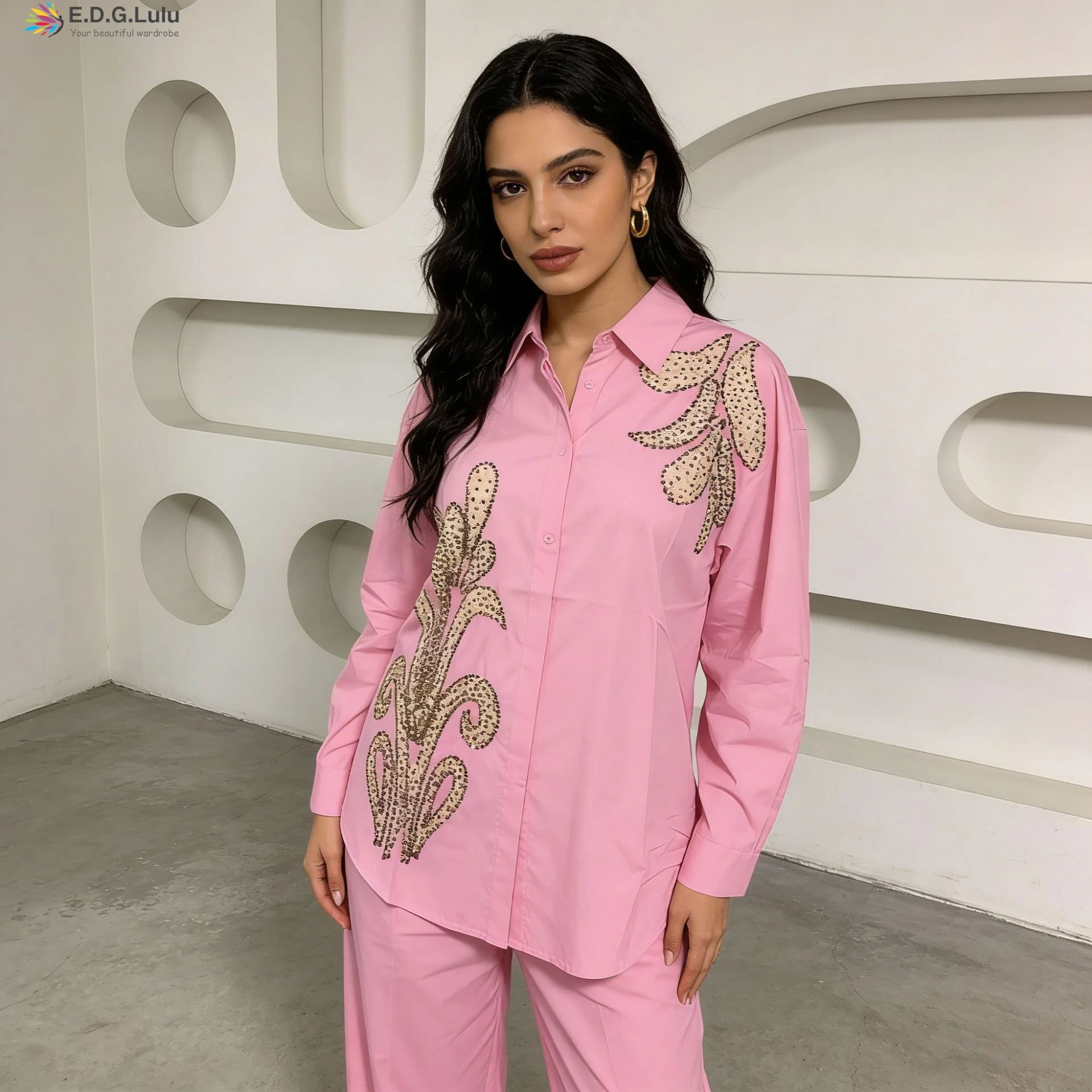 

EDGLuLu 2026 Spring New Women's Embroidered Shirt Blouse Vintage Beaded Embroidery Casual Loose Office Shirt 0404