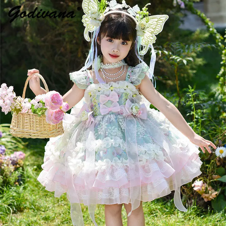 Sweet Baby Girls Lolita Princess Dress New Summer Fashion Childrens Heavy Luxury Lace Floral Ruffle Bow Train Cake Tutu Dress
