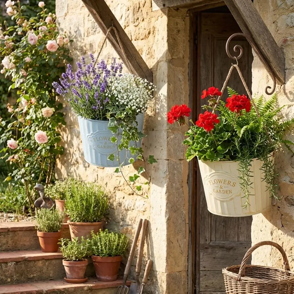 Semi Round Hanging Flower Pot Retro Iron Art Plant Bucket Hanging Basket Handmade Wall Mounted Over Fence Planter Balcony Decor