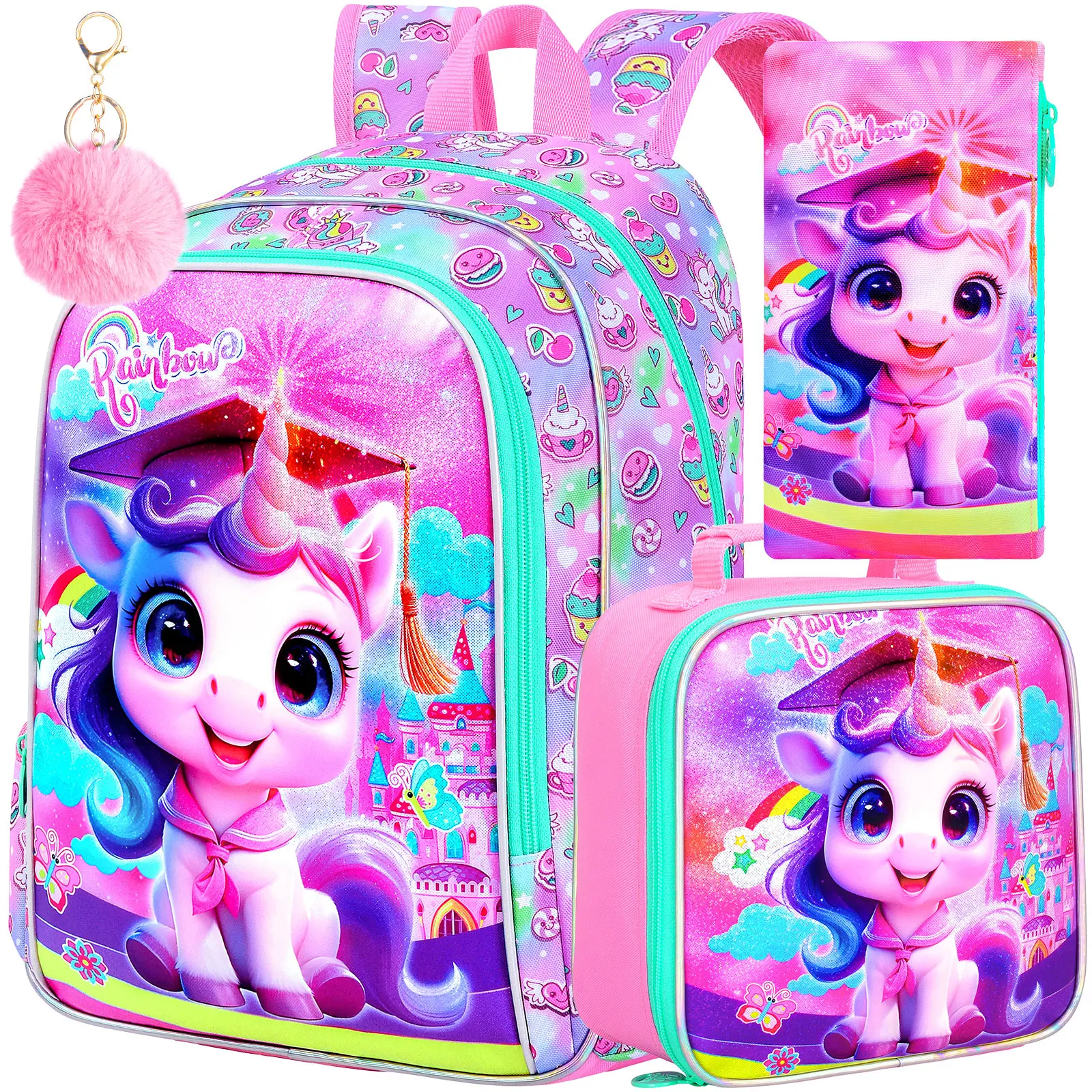 Kid's Backpack 3PCS,16 Inch Graduation Unicorn Print, Large Capacity Lightweight Set, One Backpack,One Handbag,One Pencil Case