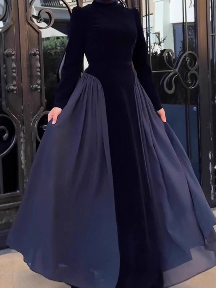 

Elegant Velvet Slim Fit Pleated Banquet Dress Fashion High Waist Prom Maxi Dresses Chiffon Patchwork Long Sleeved Women's Dress