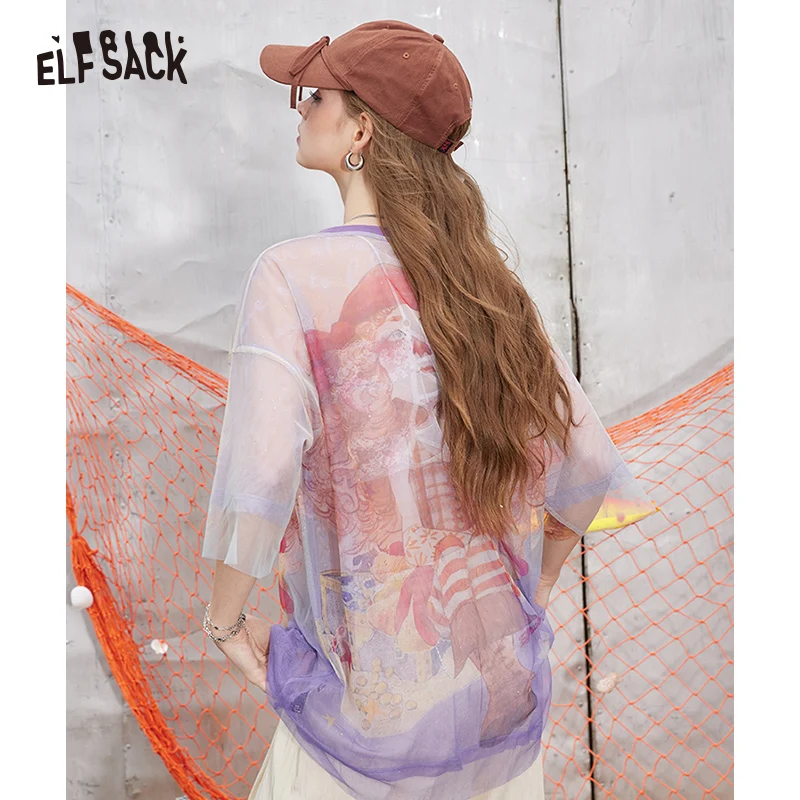 ELFSACK 2024 Summer New Arrivals Sparkling printed mesh short sleeved t-shirt for women, slightly translucent loose top