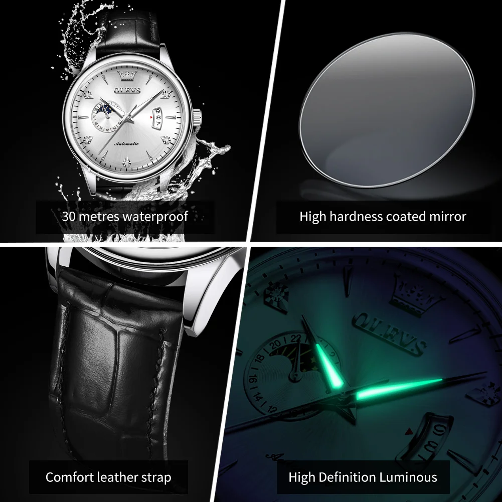 OLEVS Orologio da uomo con movimento automatico Orologio da polso da uomo con calendario multiplo multifunzionale in acciaio inossidabile Orologio da uomo d'affari con fasi lunari