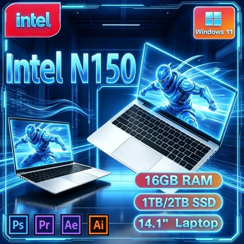 2026 New Intel Core N150 Ultra Slim 14.1" Laptop 16GB 32GB 2TB Win11 Office Study Gaming Notebook