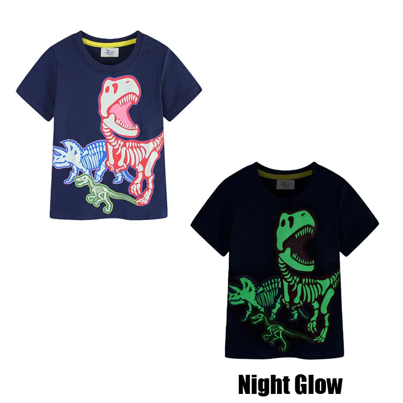Jumping Meters Kids' Cotton T-Shirt Dinosaur Print Night Light Summer Top Children's Fashion Tees Baby Summer Tops