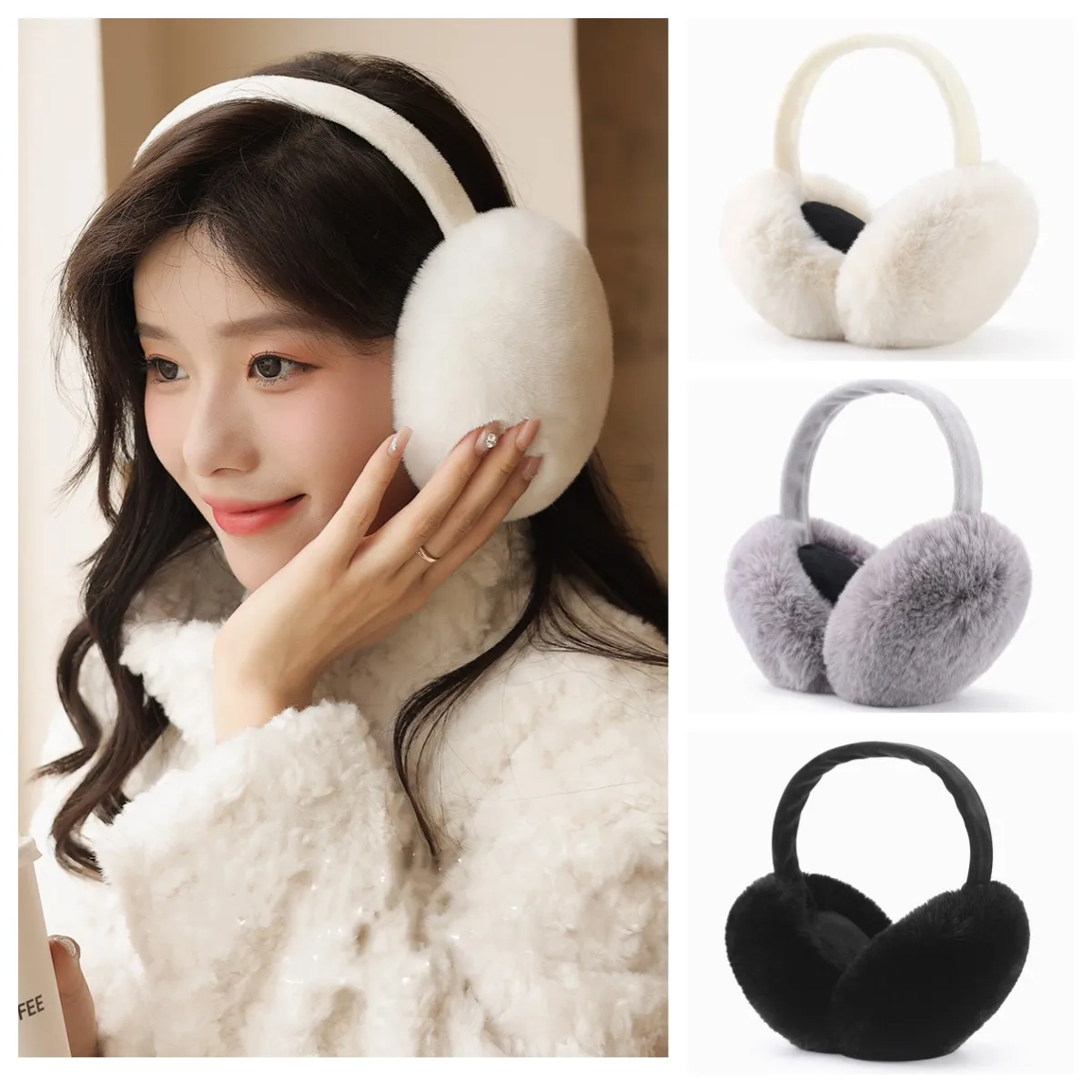 Inverno feminino mais veludo espessado earmuffs quente pelúcia à prova de vento earmuffs removíveis e laváveis aquecedores de ouvido macios dobrável