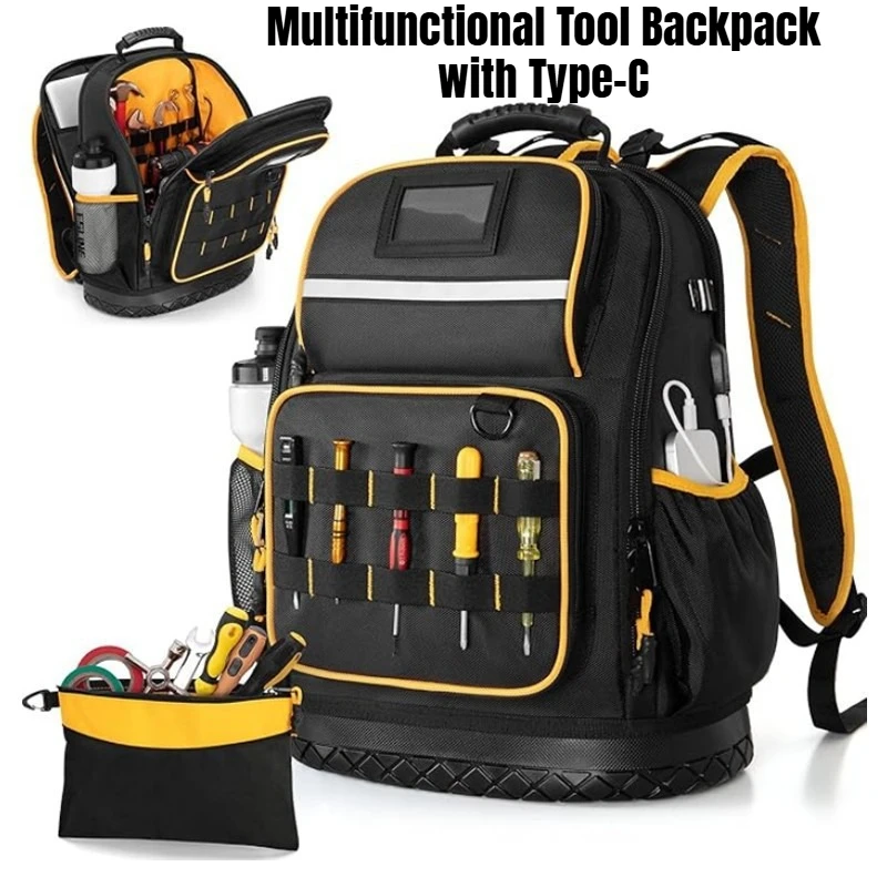Multifunctional Tool Backpack with Type-C Data Cable USB Port Multi-Pocket Heavy Duty 900D Laptop Bag for Electrician Mechanic