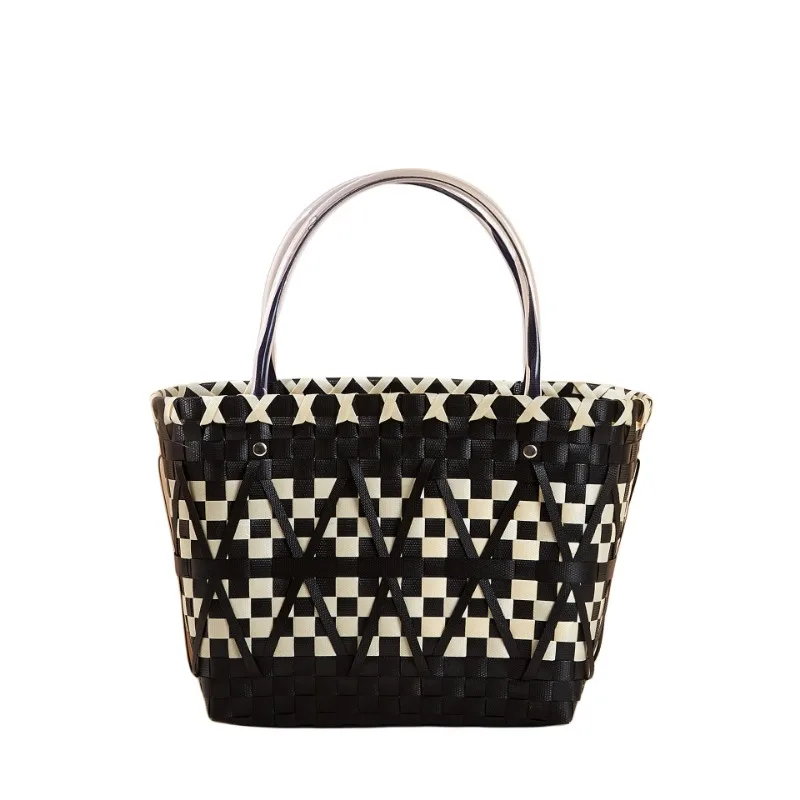 New Arrivals Plastic Woven Women\'s Handbag Fashion Black White Color Contrast Tote Bag Summer Travel Holiday Shopping Beach Bag