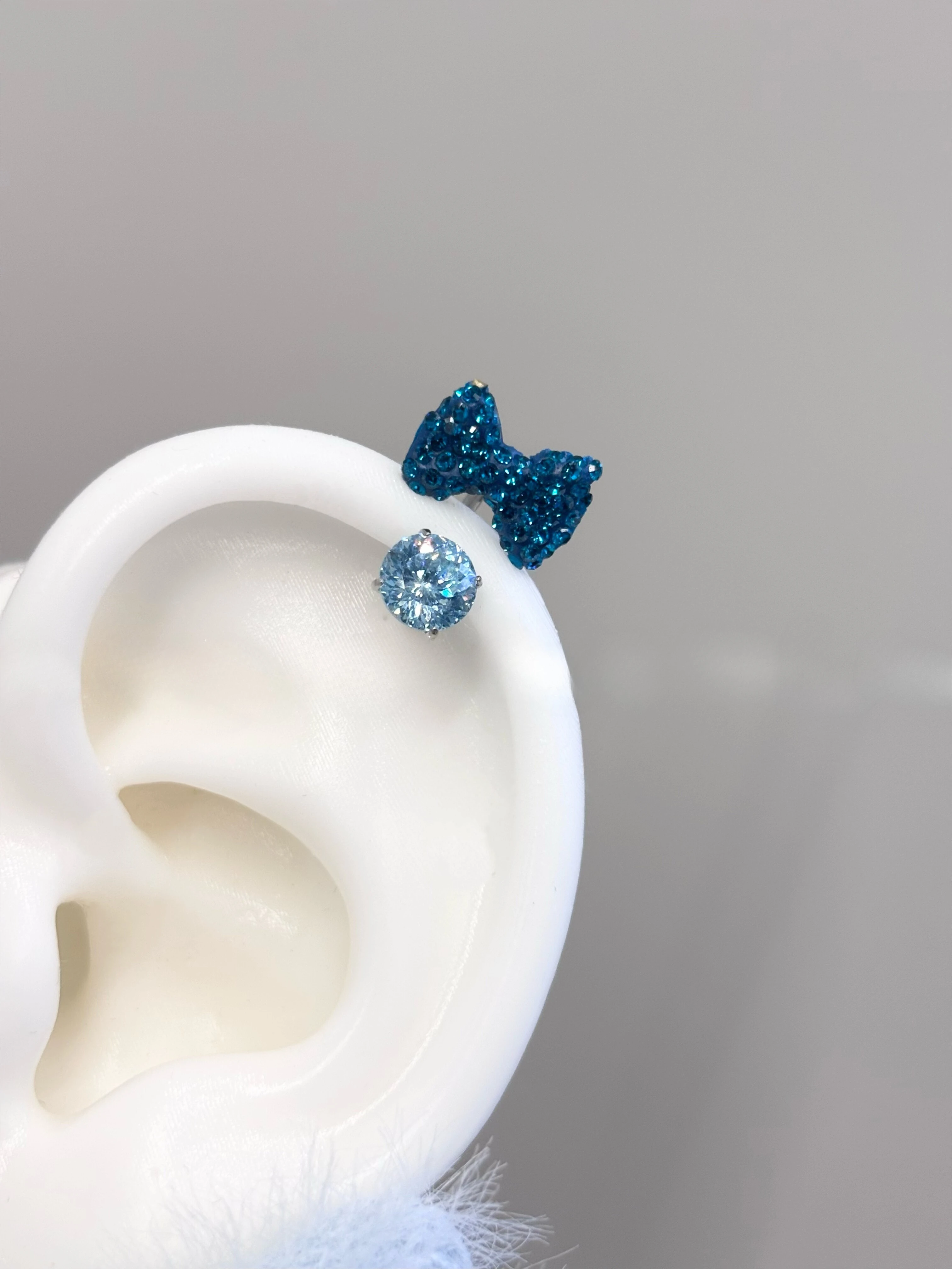 Shiny Pink Bow Stainless Steel Earrings Horseshoe Internal Thread Cartilage Stud CZ Crystal Piercing Helix Jewelry Party Outfit