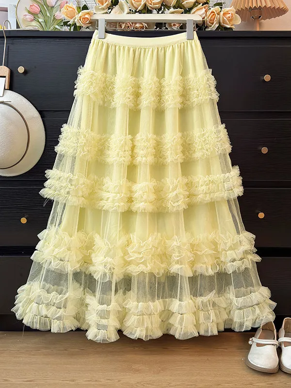 Summer High Waist A-Line Skirt Women's Puffy Tulle Mesh Gored Skirts Layered Cake Skirt Polyester Fabric Korean Style