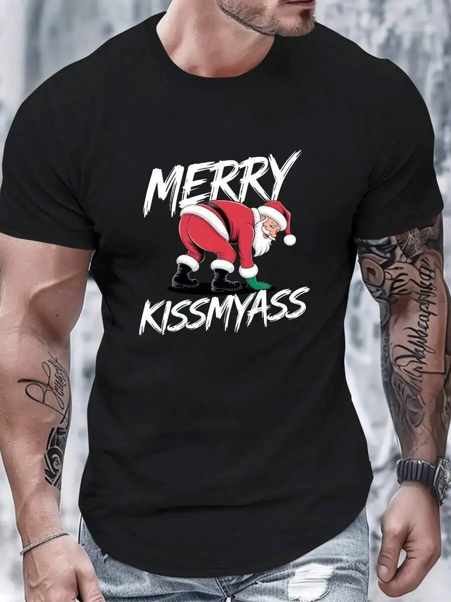 Merry Kissmyass Santa Claus Cartoon Pure Cotton-Coded Men's T-Shirt 100% Cotton Trendy Y2K Short-Sleeve Tee-Soft, Quick-Drying,