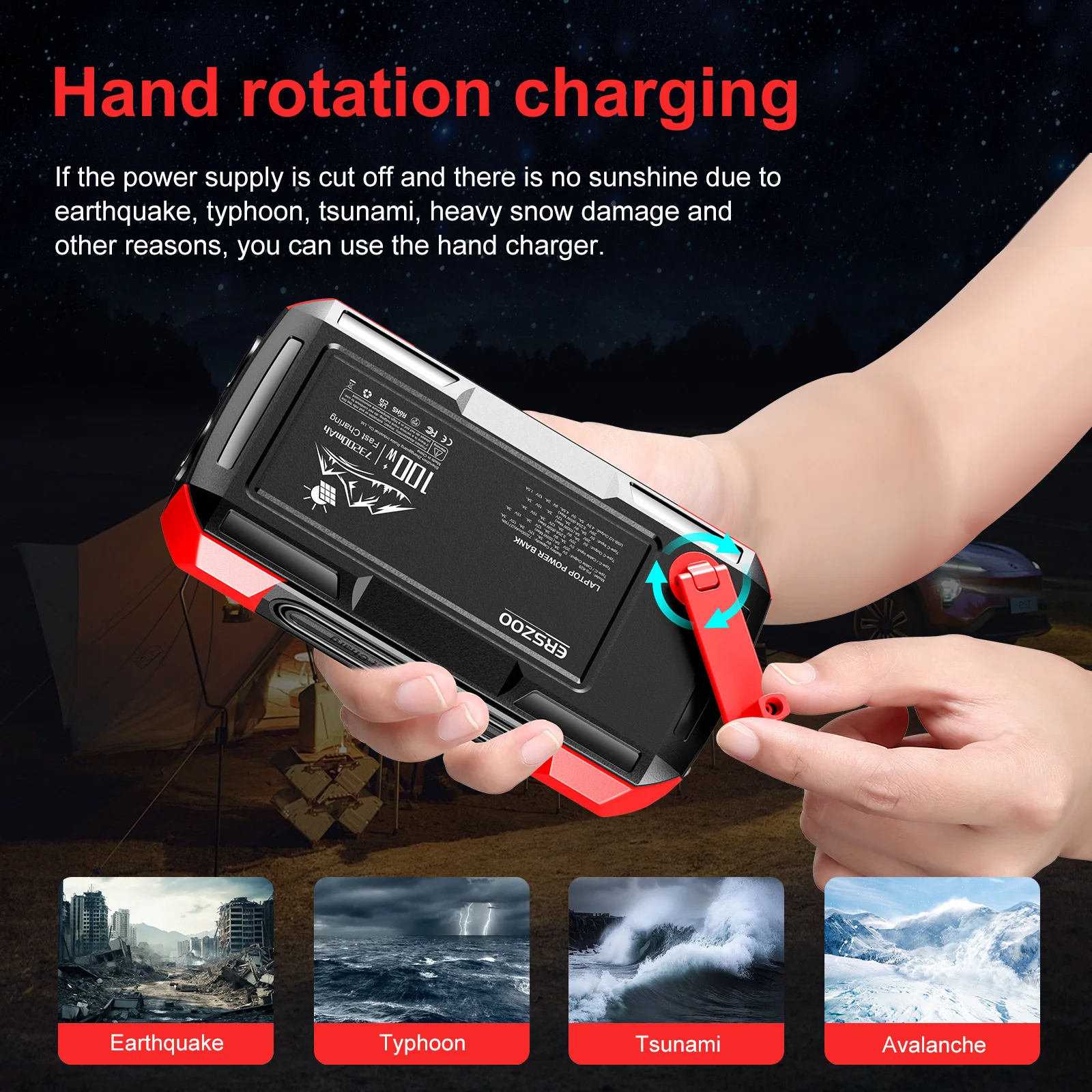 

73200mAh Hand Crank Solar Power Bank USB C 100W Fast Charger for Laptop Powerbank with Cable for iPhone 17 Samsung Huawei Xiaomi