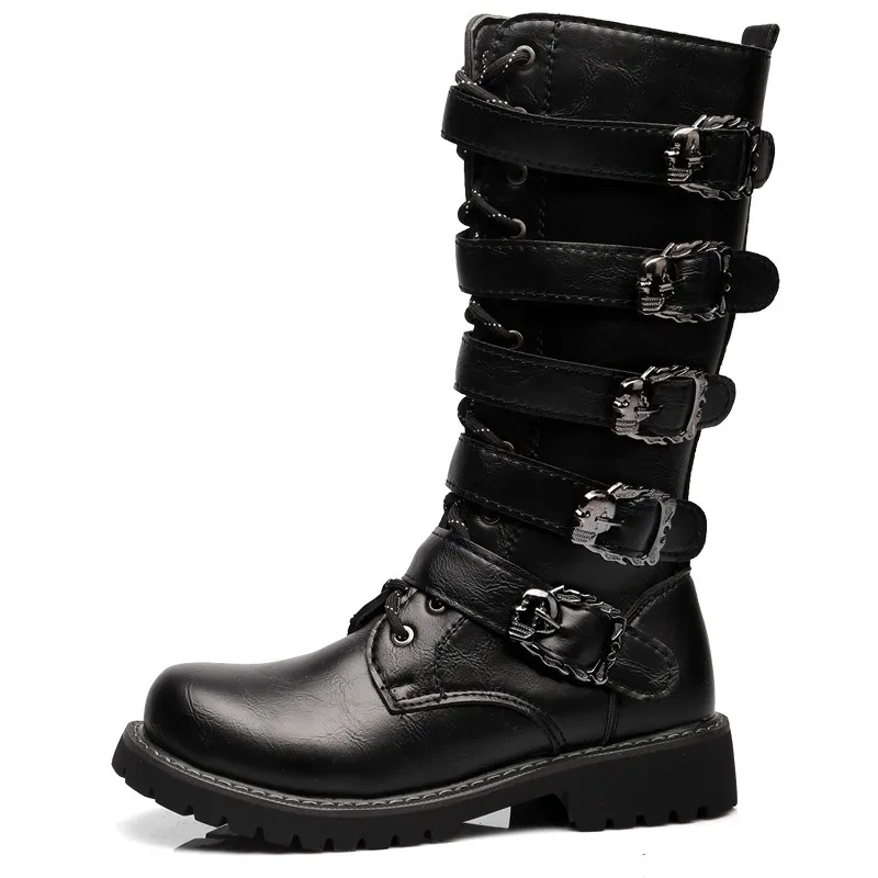 High Quality Men's Gothic Boots Punk Style Street Motorcycle Boots Fashion Mid-calf Leather Boot Winter Plush Warm Boots for Men
