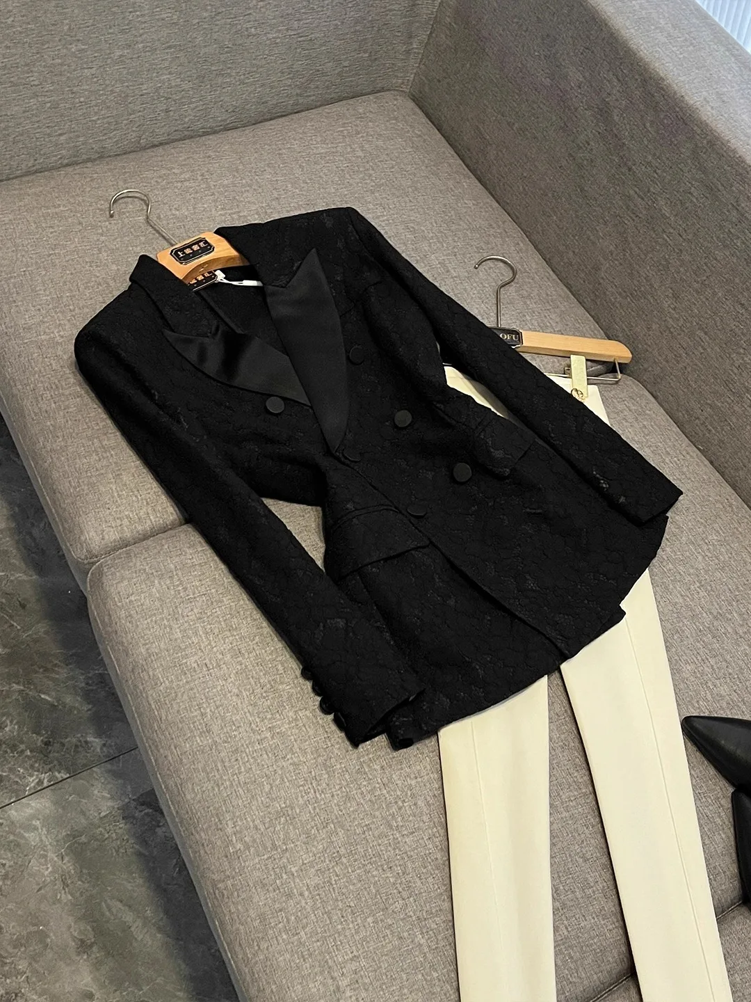 Elegant Lace Hollow out Satin Collar Double Buttoned Waist Cinched Suit Jacket Versatile Sexy Women's Business Casual Coat