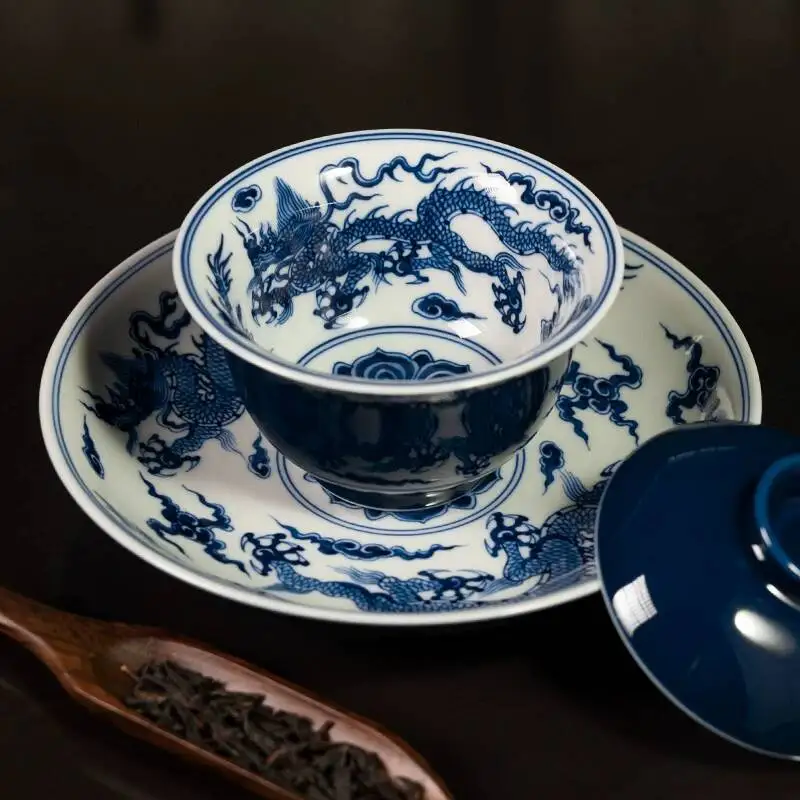 Sacred Mountain Antique-Style Porcelain Dragon Treasure Pattern Set, Jingdezhen Handmade Blue And White Gaiwan