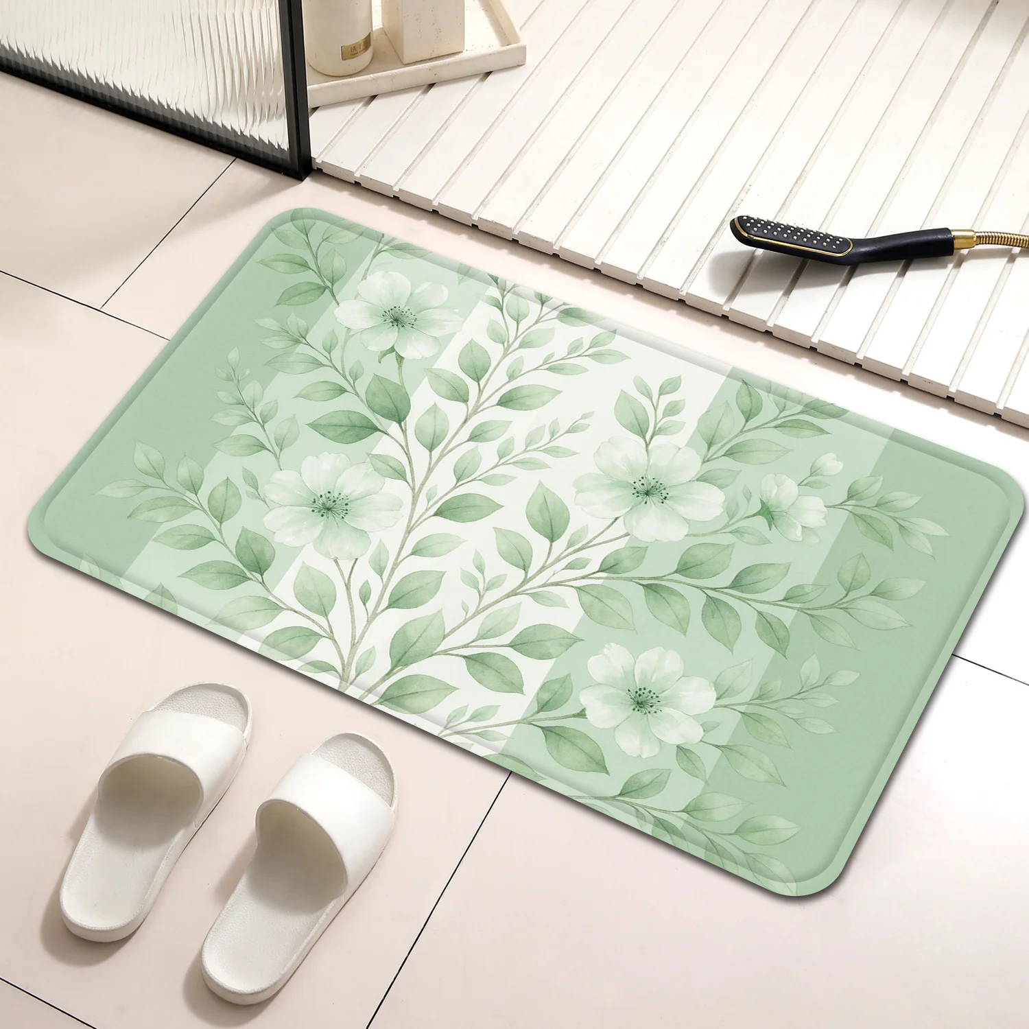 Botanical Greenery Leaf Bathroom Mat Set, Non Slip Absorbent Toilet Rug Decor for Home Bathing Area