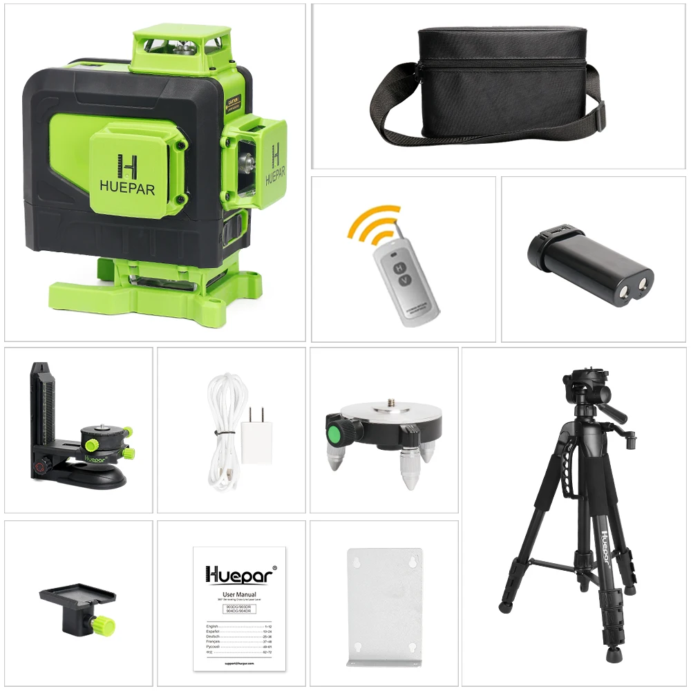 Huepar 4D 16 Lijnen Kruislijnlaser Groene Beam Lijnen Multi Functie & Afstandsbediening Met Li-Ion Batterij Voor tegels Vloer