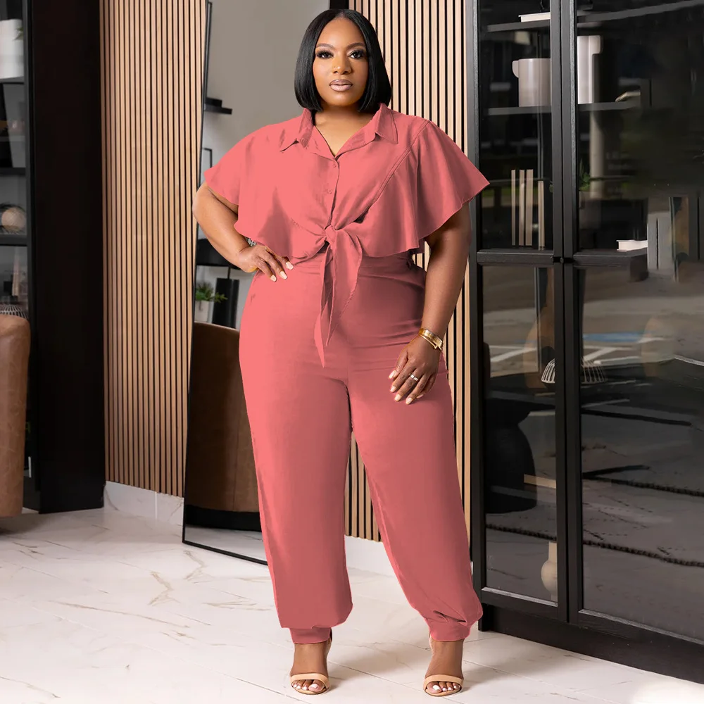 

Plus Size Casual Two Pieces Set Solid Summer Turn Down Collar Short Sleeve Tie Knot Crop Top Pants 2 Pieces Oversized Tracksuit