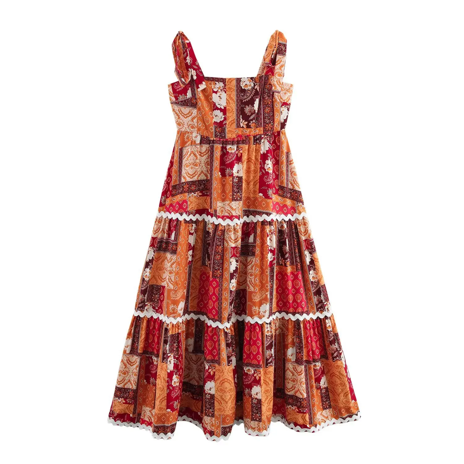 

2025 Holiday Style Bohemian Print Dress Strappy Sleeveless Summer Casual Beach Midi Dresses Retro Women Vestidos