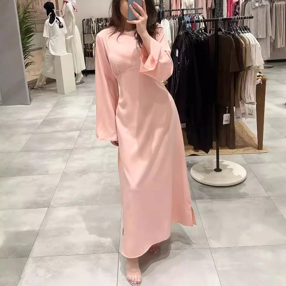 Autumn Winter Women's Maxi Dress Slim Long Sleeve O-neck Plain Color Clothing Elegant Fashion Linen Dresses