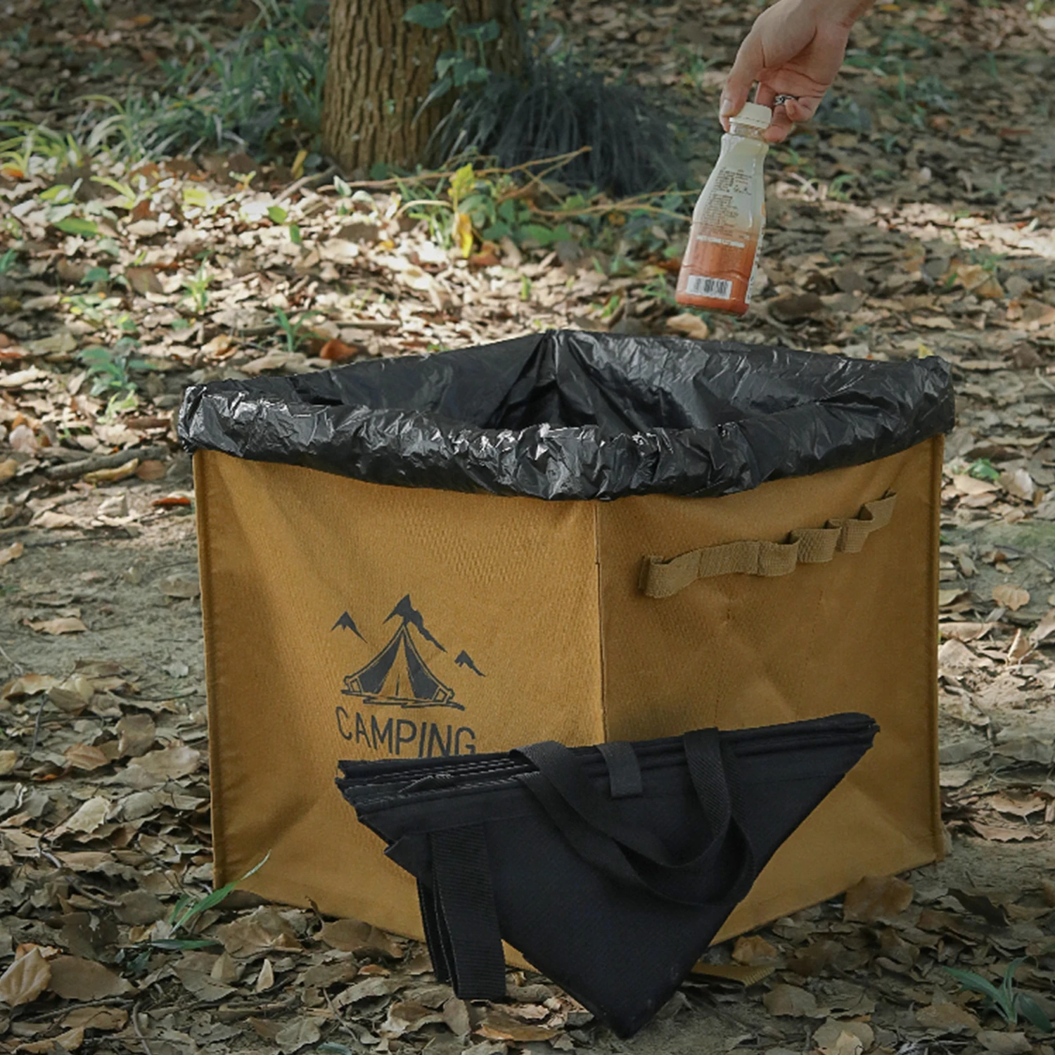 Large Capacity Portable Folding Trash Can with Rope Storage - Durable Oxford Fabric, Black - Ideal for Outdoor Camping