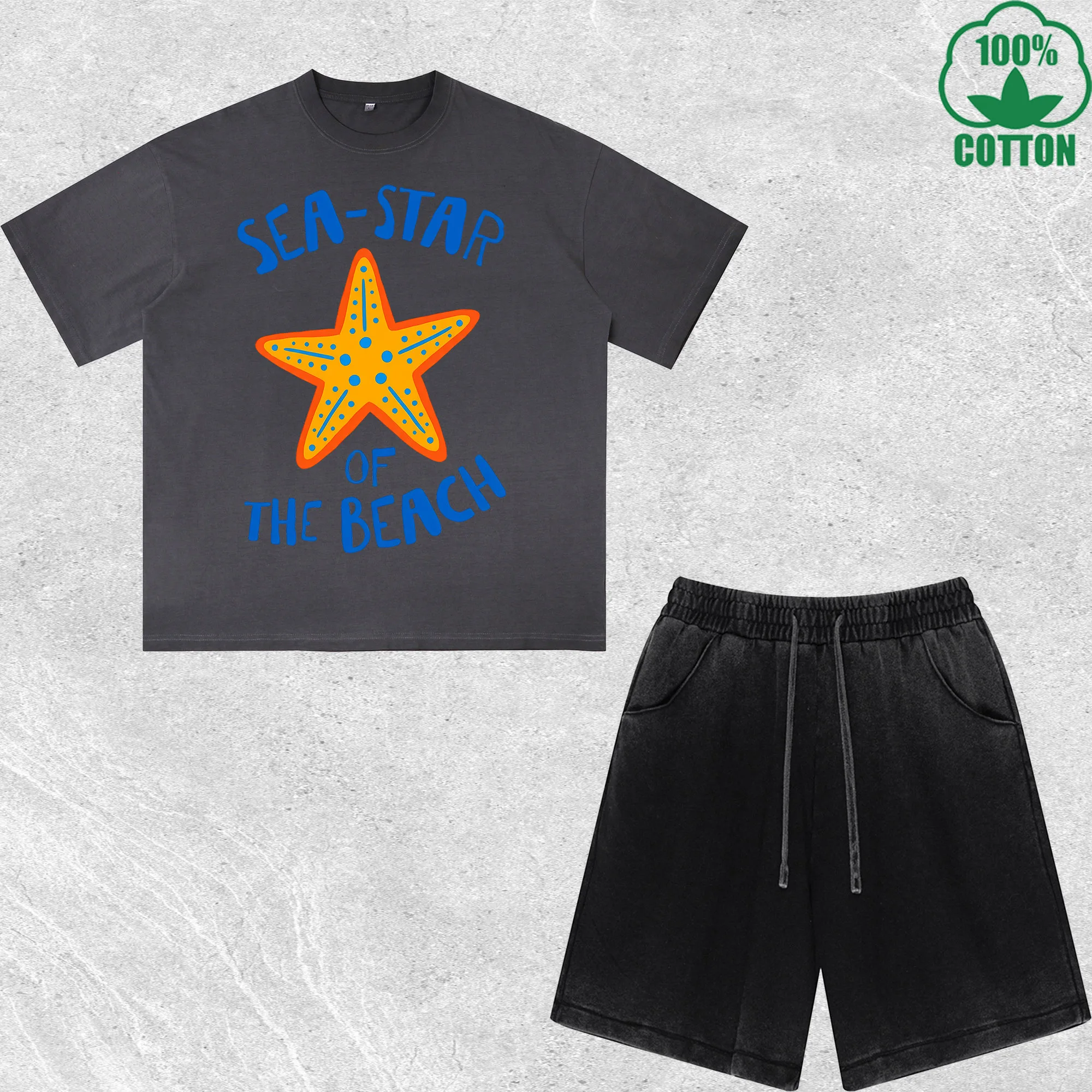 

Sea Star THe Beach Printed Dirty Wash T-Shirt Shorts Set Combo Loose Trendy Fashionable 100%Cotton Short Value Pack