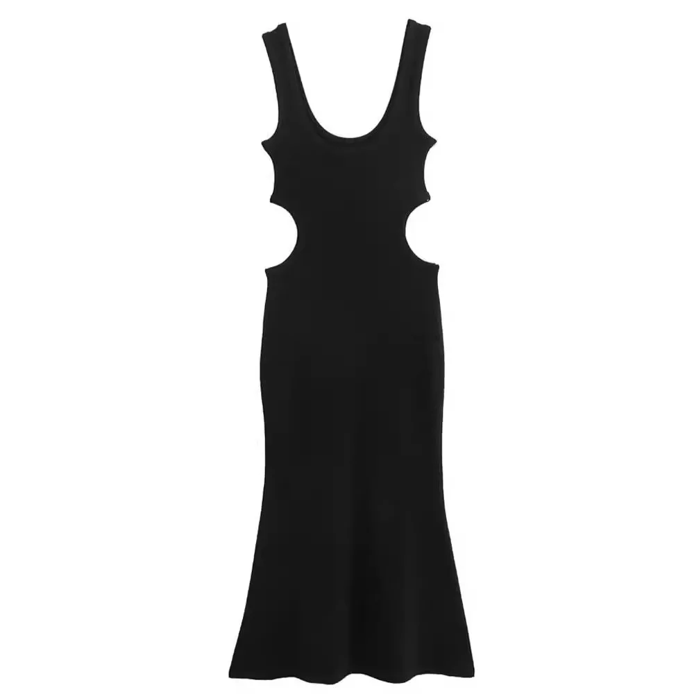 فستان نسائي مكشوف الخصر ، فساتين متوسطة الطول محبوكة سوداء ، بلا أكمام ، أزياء نادي مثيرة ، إطلاق جديد ، أو