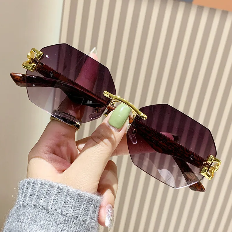 Cross-border Wood Leopard Temples Rimless Trimmed Sunglasses for Men and Women with The Same Box Driving Decorative Sunglasses.