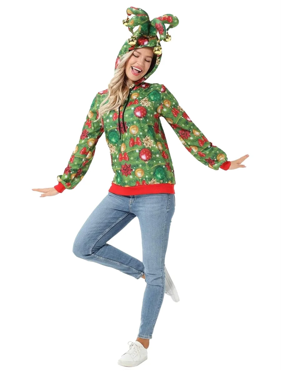 Men Women Christmas Hoodie Long Sleeve Reindeer Print Hooded Sweatshirt Cosplay Costume with Antlers and Bow