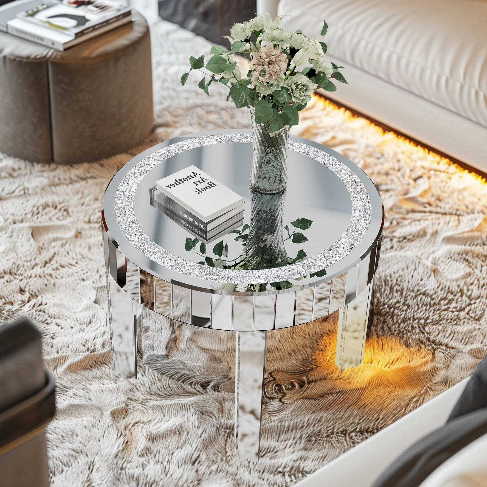 Mirrored Round Coffee Table with Crushed Diamond Inlay, 23.6
