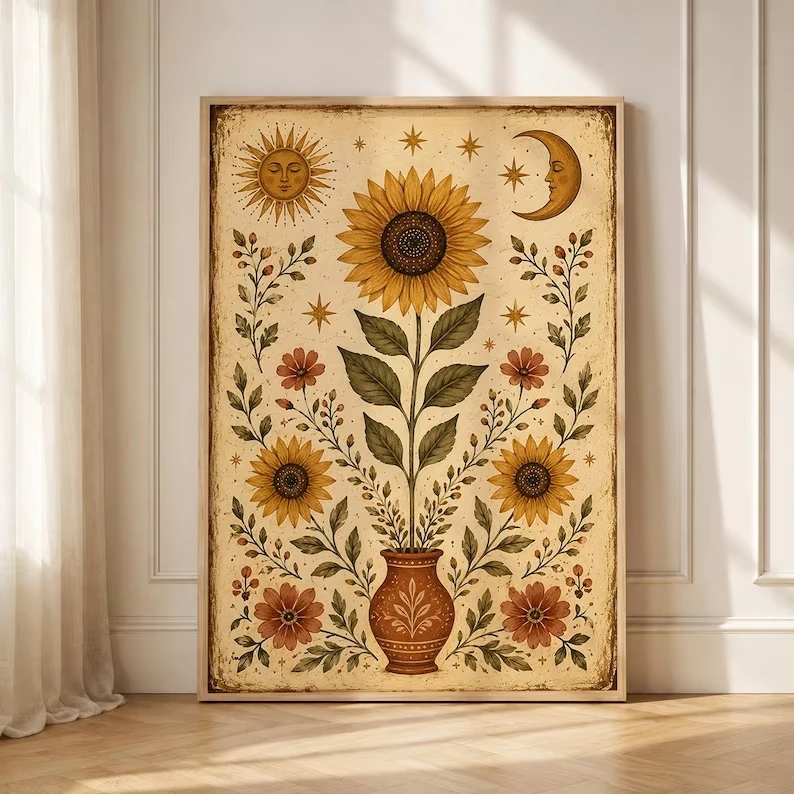 Retro Boho Autumn Sunflower Wall Art Print Canvas Painting Poster Picture For Living Room,Bedroom Home Decor