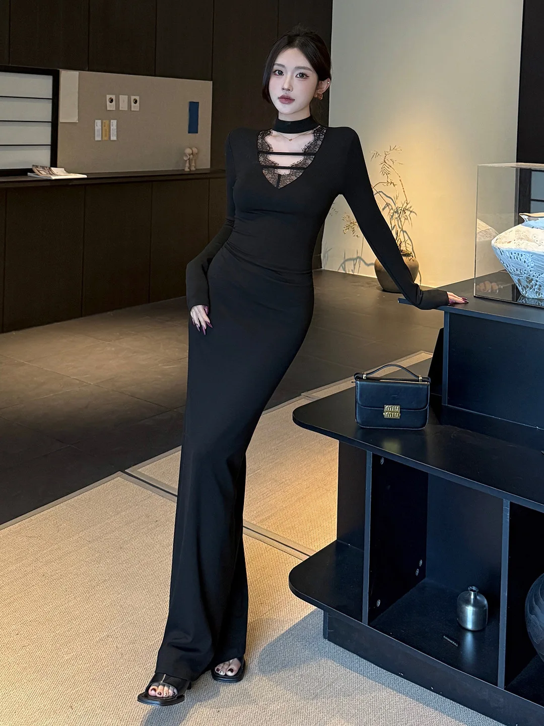 Elegante sexy preto renda-aparado vestido de noite feminino nova primavera recorte manga longa bodycon cocktail festa de luxo vestido de baile