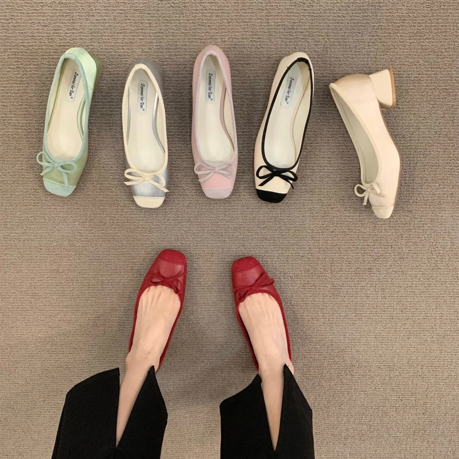 Bailamos Women Flats Fashion Colored Soft Leather Ballet Shoes 2023 Square Toe Bow Low Heels Shoes Shallow Mouth Casual Shoes Mu