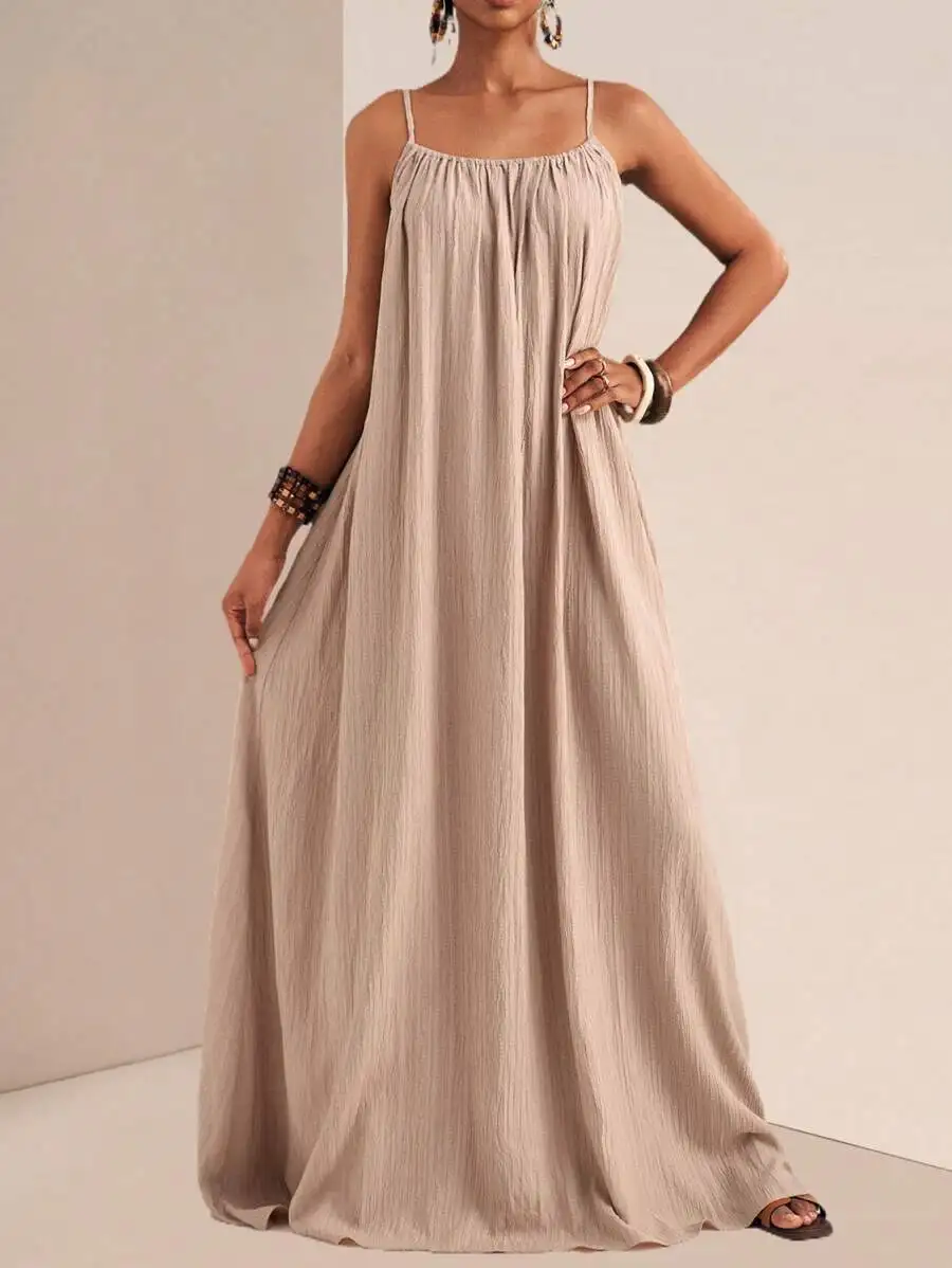 

Beige Maxi Dress with Adjustable Spaghetti Straps, Gathered Neckline, Loose A-Line Fit
