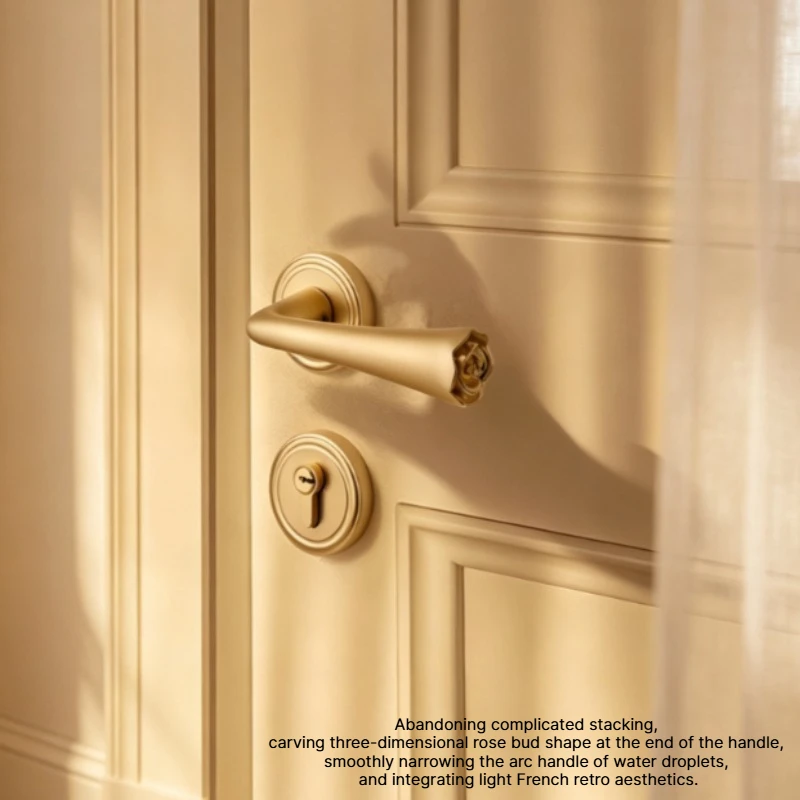 French rose split door lock, luxurious brushed gold indoor wooden door handle, retro cream wind silent lock.