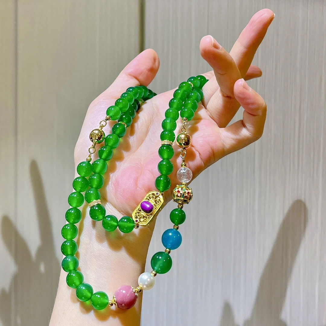 

Original design 8mm high quality ice transparent emperor green chalcedony removable bracelet necklace sweater chain set