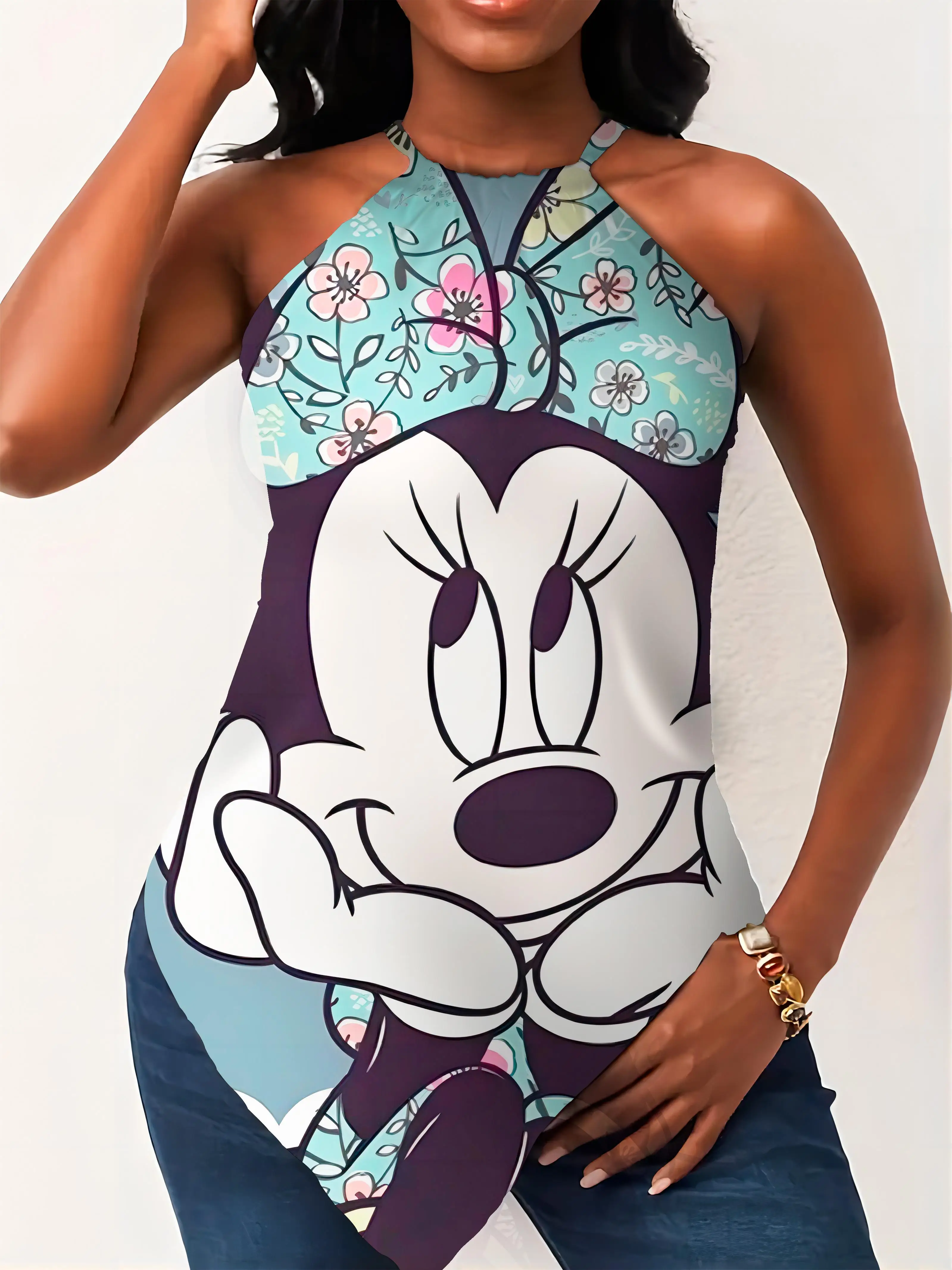 Sleeveless T-shirt Halter Top Disney Mickey Summer Short Sleeve Minnie Mouse Crew Neck Y2k Women's Sumer Clothes Hanky Hem 2024